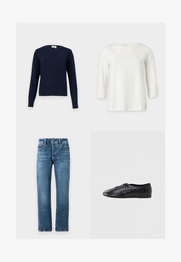 Mørkeblå langærmet rundhalset sweater med ribbet manchetter og kant, vist mod en ensartet lys baggrund.; Hvid langærmet skjorte med rund halsudskæring, vist på en ensfarvet lys baggrund.; Herre blå denim jeans med lige pasform, fem lommer og knaplukning. Har let falmning og syet detaljer.; Sort læder flad sko med spids tå, med snørebånd foran og blød tekstur. Lavprofil design, minimale hardware detaljer.