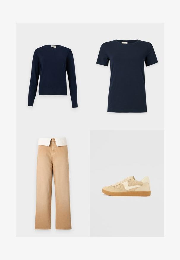 Pull à manches longues bleu marine à col rond avec poignets et ourlet côtelés, présenté sur un fond clair uni.; T-shirt bleu marine uni à manches courtes avec un col rond sur fond gris clair.; Pantalon large à taille haute beige avec fermeture visible par bouton et fermeture éclair, assorti d'un col de chemise blanc rentré.; Sneaker beige avec des matériaux en daim et en maille, forme arrondie, col rembourré proéminent et semelle en caoutchouc gomme. Présente un accent de design en forme de vague.