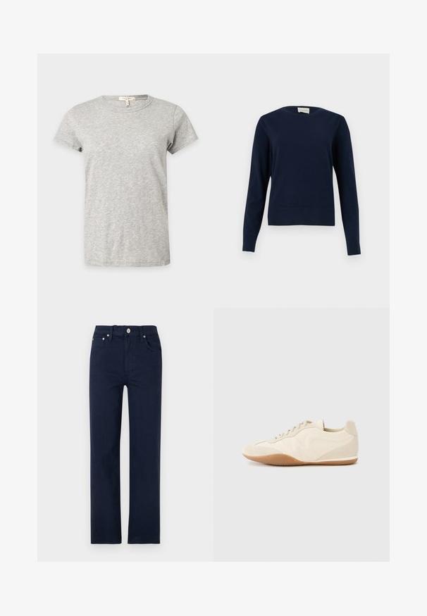 Pull à manches longues bleu marine à col rond avec poignets et ourlet côtelés, présenté sur un fond clair uni.; T-shirt gris clair à manches courtes et col rond avec un motif chiné subtil affiché sur un fond uni.; Jean bleu marine droit avec cinq poches, passants de ceinture et fermeture par bouton métallique à la taille.; Baskets beige clair avec une tige en cuir texturé, des panneaux latéraux texturés et une semelle en caoutchouc. Dotées d'un design fin et épuré ainsi que de lacets plats.