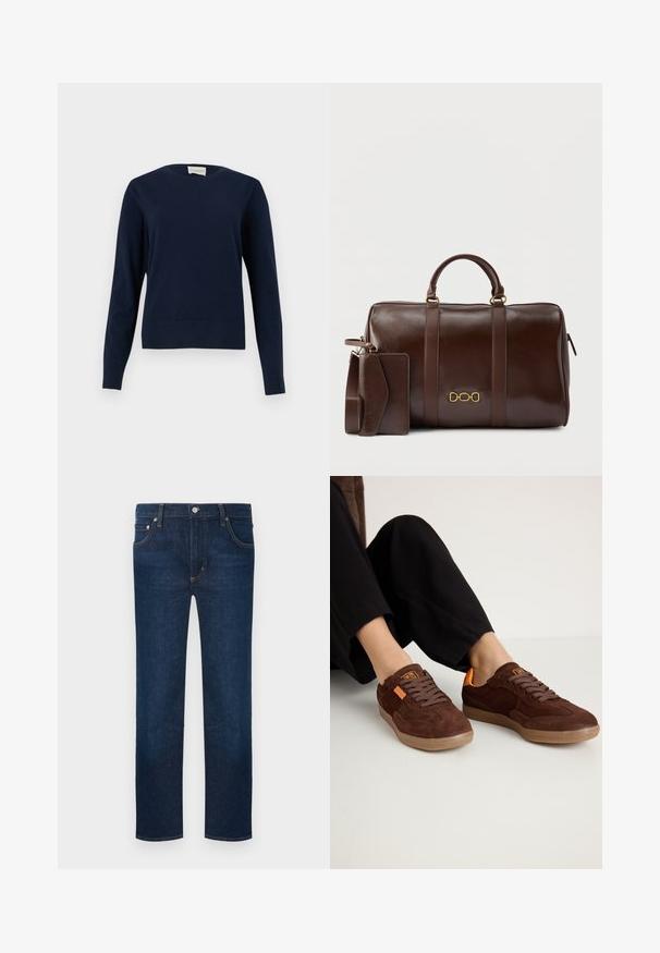 Marineblauwe trui met lange mouwen en ronde hals, voorzien van geribbelde manchetten en zoom, getoond tegen een effen lichte achtergrond.; Donkerblauwe jeans met rechte pijpen, vijf zakken, knoopsluiting en zichtbare oranje stiksels.; Bruine suède sneakers met een ronde neus, textuur bovenkant en oranje accenten. Voorzien van platte veters en een rubberen zool.; Donkerbruine leren duffeltas met dubbele handvatten, een gouden kettingembleem en een bijpassend leren bagagelabel en riem eraan bevestigd.