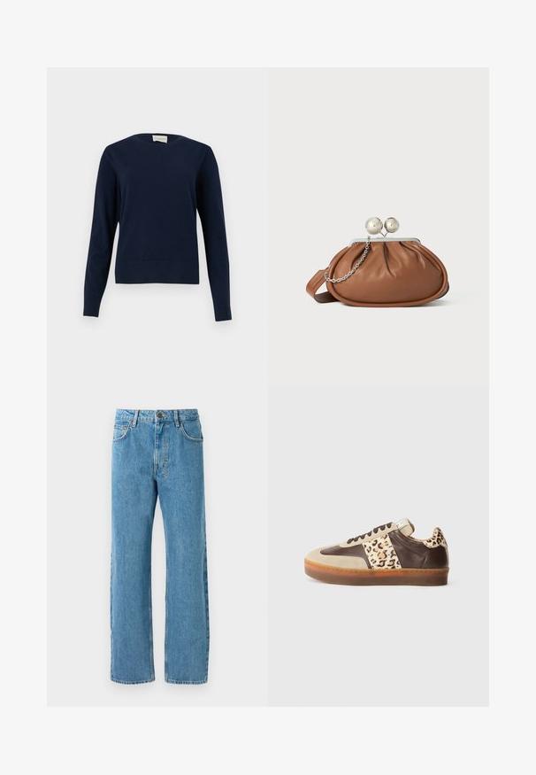 Marineblauwe trui met lange mouwen en ronde hals, voorzien van geribbelde manchetten en zoom, getoond tegen een effen lichte achtergrond.; Lichtblauwe denim jeans met een losse pasvorm, voorzien van een hoge taille, vier zakken en een ritssluiting. Klassiek vijf-pocket ontwerp.; Leren sneakers met een tan en bruine kleurstelling, voorzien van een luipaardprintaccent aan de zijkant en een gestructureerde rubberen zool.; Bruine leren clutch met een zilveren balsluiting en een klein zilveren kettingdetail op een witte achtergrond.