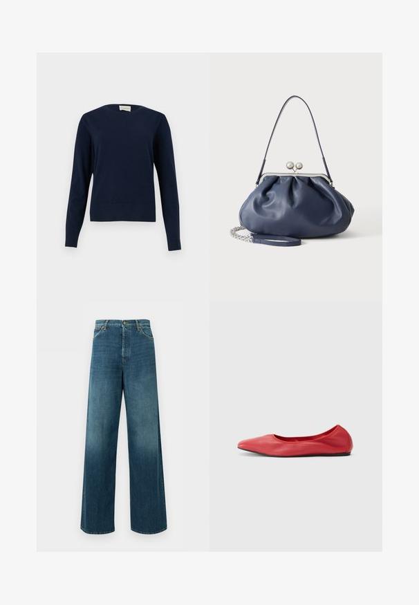 Pull à manches longues bleu marine à col rond avec poignets et ourlet côtelés, présenté sur un fond clair uni.; Jean denim bleu à jambes larges, taille haute, fermeture devant par bouton et zip, et poches avant sur fond uni.; Filippa K REY FLATS - Ballerines - bright red; Sac à main en cuir bleu marine doux avec fermeture à boucle argentée, une seule bandoulière, et une chaîne de poignet amovible sur fond blanc.