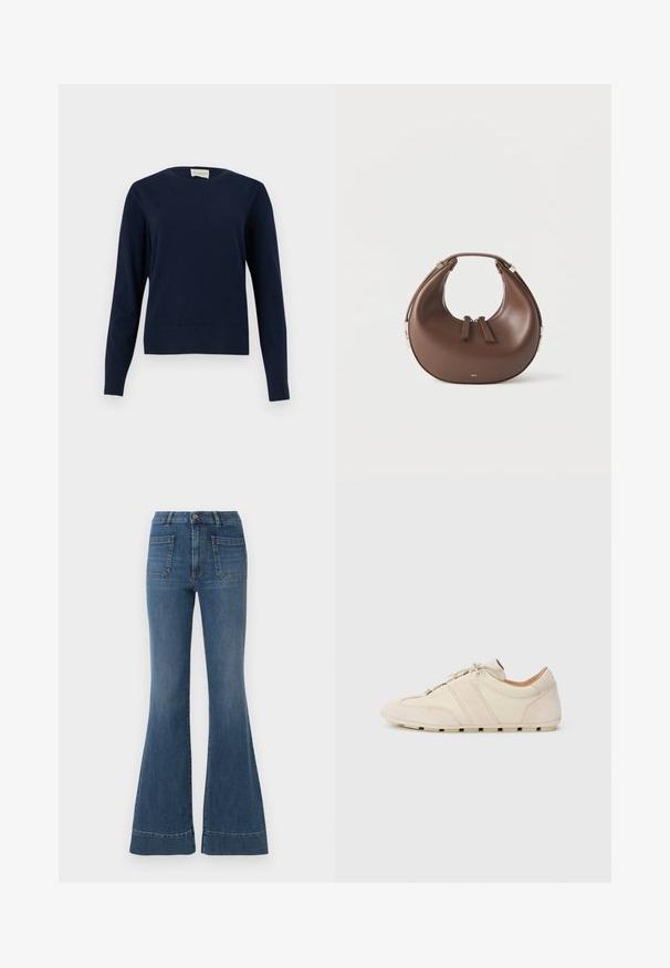 Mørkeblå langærmet rundhalset sweater med ribbet manchetter og kant, vist mod en ensartet lys baggrund.; Bredde blå jeans i en medium vask med høj talje, fem lommer og let falmning ved knæene og lårene.; Sneakers med overdel i cremefarvet læder og ruskind, der har to vandrette beige striber og en gummisål, rundet tå-design, snørelukning.; Brun læderhåndtaske i halvmåneform med en øverste hank og to lynlås-dragere på en hvid baggrund.