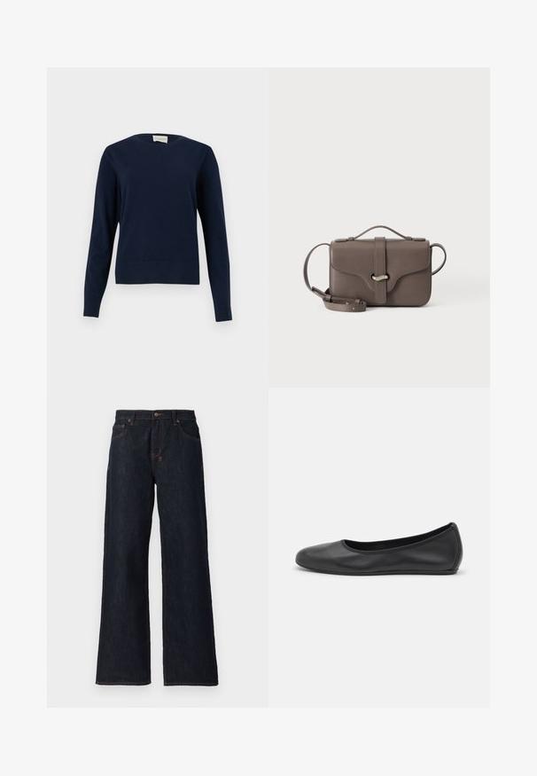 Mørkeblå langærmet rundhalset sweater med ribbet manchetter og kant, vist mod en ensartet lys baggrund.; Mørkeblå vidde jeans lavet af denim, med orange syninger, to frontlommer og en knaplukning i taljen.; Sort læderballetsko med rund tå, glat tekstur, minimal syning og et fleksibelt såldesign.; Brun læder crossbody taske med top håndtag, front klap og sølv spænde, vist mod en hvid baggrund.
