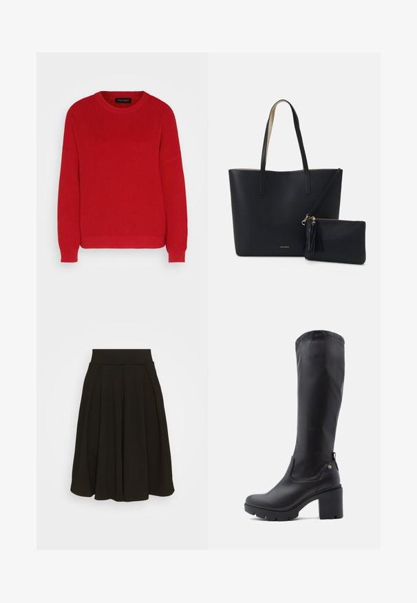 Rød strikket sweater med rund hals, ribbet tekstur og let oversized ærmer. Har en lige søm og slidstærkt stof.; Sort plisseret nederdel med en bred, elastisk talje. Fremstillet af et blødt stof, med en knælang kant og glat tekstur.; Sorte knæhøje støvler lavet af glat læder med firkantet tå, kraftig blokhælt og tekstureret gummisål. Har et diskret logodetalje.; Sort tote taske med struktureret materiale, to lange håndtag og en aftagelig lynlåspose med en frynse-detalje. Guld mærkelogo synligt.