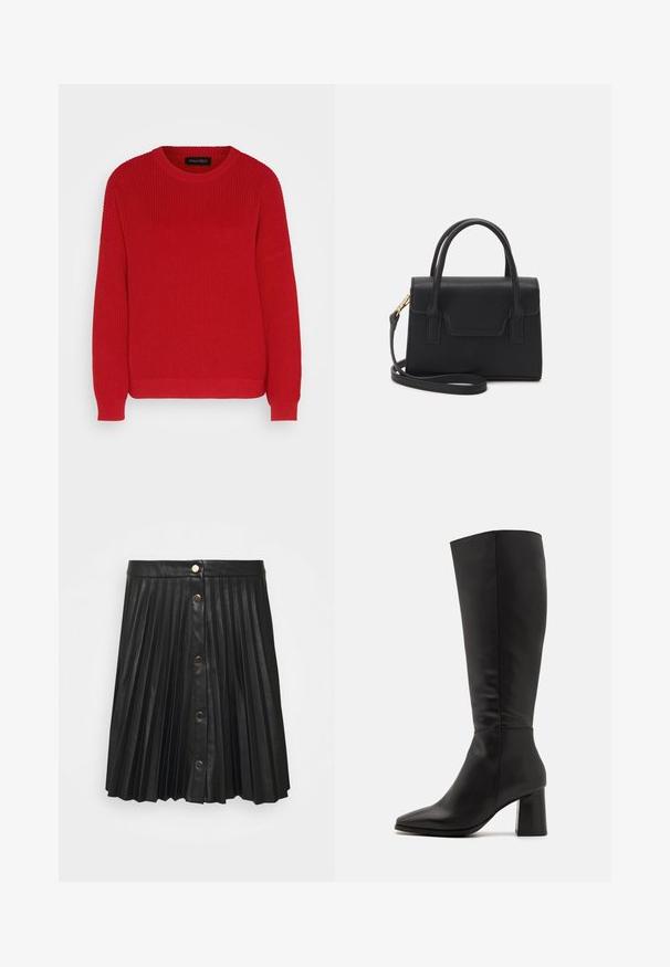 Rode gebreide trui met een ronde halslijn, geribbelde textuur en iets oversized mouwen. Heeft een rechte zoom en duurzame stof.; VILA VIAMINA BUTTON SKIRT - Minirok - black; Zwarte laarzen tot de knie, gemaakt van soepel leer. Kenmerken een spitse neus en een robuuste, gestructureerde blokhak. Minimale stikdetails.; Zwarte gestructureerde handtas van leer met een bovenhandvat, een afneembare schouderriem en een voorflapdetail. Gouden hardwareaccenten.