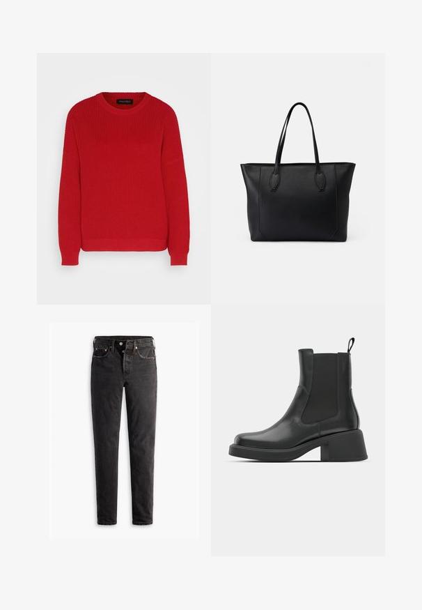 Suéter de punto rojo con un escote redondo, textura acanalada y mangas ligeramente oversize. Presenta un dobladillo recto y una tela duradera.; Jeans de denim negro con corte recto, que cuentan con cinco bolsillos, herrajes de cobre y una textura ligeramente deslavada.; Botas de cuero negro hasta el tobillo con paneles laterales elásticos, punta redondeada y un tacón grueso. Textura suave con un diseño minimalista.; Bolso tote de cuero negro con dos asas resistentes, que presenta una textura suave, forma rectangular y detalles de costura sutiles a lo largo de los bordes.