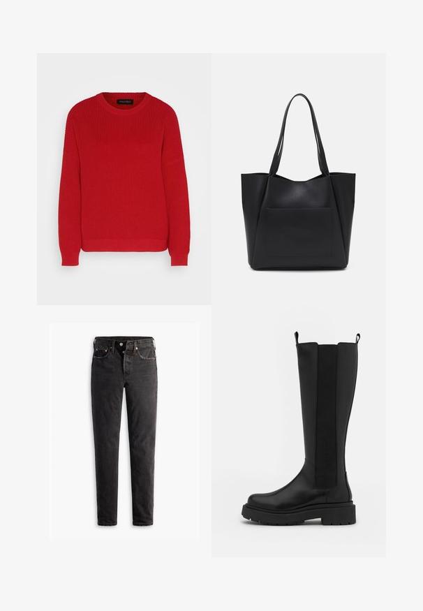 Rød strikket sweater med rund hals, ribbet tekstur og let oversized ærmer. Har en lige søm og slidstærkt stof.; Sorte denim jeans med lige ben, der har fem lommer, kobberhardware og en let slidte måde.; Sort knæhøj støvle med en glat læderoverflade, elastiske sidepaneler, rund tå og en tyk sort gummisål.; Sort tote taske lavet af glat syntetisk materiale, med to lange håndtag og en frontlomme. Åben top med vinkelret design.
