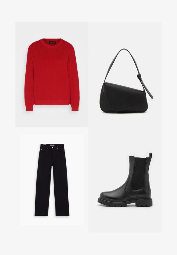 Rød strikket sweater med rund hals, ribbet tekstur og let oversized ærmer. Har en lige søm og slidstærkt stof.; Sorte denim jeans med lige pasform, fem lommer, kobberdetaljer og en glat tekstur. To mærker synlige på taljebåndet.; Svarte læder ankelstøvler med elastiske sidepaneler, en rund tå og en robust sål med udtalte skridsikre riller.; Sort læderhåndtaske med en triangular form, skrå klap og et rundt håndtag. Har en glat overflade og minimalistiske design detaljer.