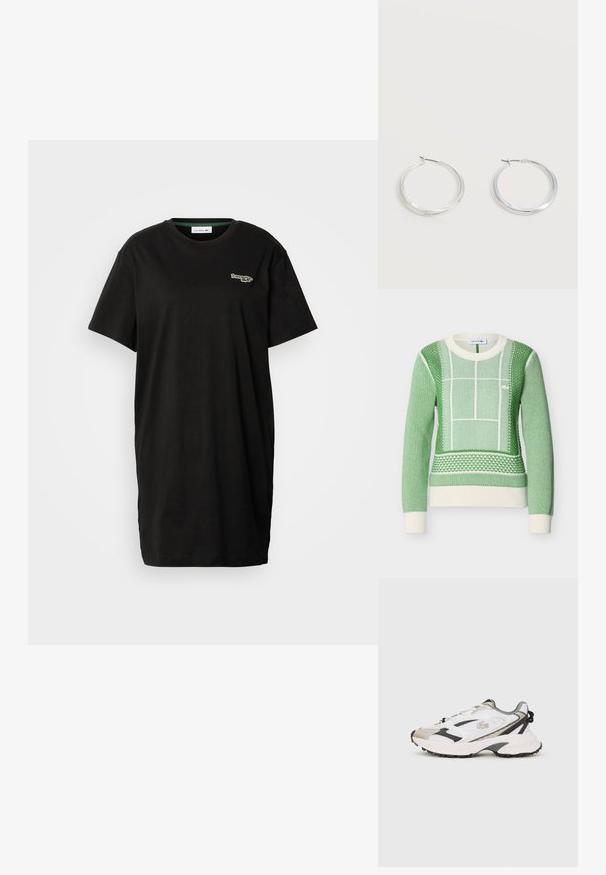 Pull vert et blanc à manches longues en tricot avec motifs géométriques texturés, poignets et ourlet côtelés, logo Lacoste sur la poitrine.; Robe T-shirt noire à manches courtes avec col rond et petit logo Lacoste sur le côté gauche de la poitrine.; Baskets blanches et grises avec un dessus en mesh, accents noirs et semelle texturée. Comprend des lacets, un logo et des éléments de design contrastants.; Boucles d’oreilles créoles en métal argenté avec une surface lisse légèrement incurvée et des fermoirs à clapet sur un fond blanc uni.