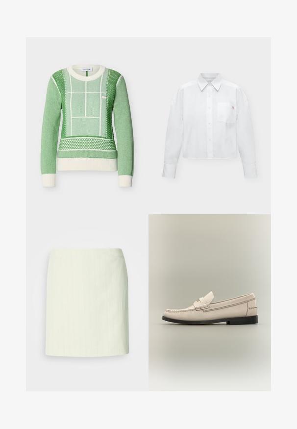 Pull vert et blanc à manches longues en tricot avec motifs géométriques texturés, poignets et ourlet côtelés, logo Lacoste sur la poitrine.; Chemise blanche à manches longues boutonnée, avec col et poche poitrine comportant un petit logo brodé.; Jupe crayon ivoire longueur genou avec de subtiles fines rayures verticales et une taille cintrée.; Mocassin pour homme en cuir beige avec semelle noire et détail de sangle décorative sur fond gris clair.