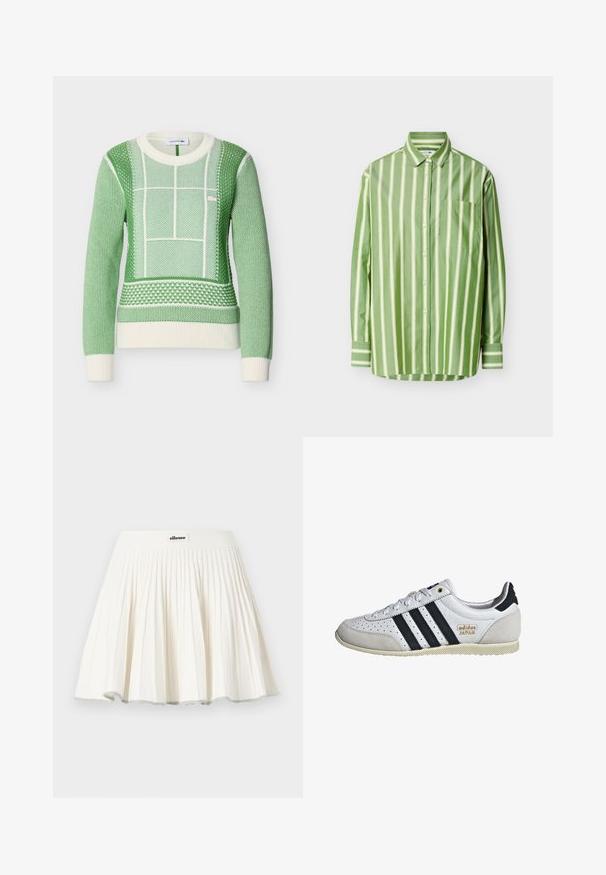 Grøn og hvid strikket trøje med lange ærmer, teksturerede geometriske mønstre samt ribkant ved ærmer og kant, Lacoste-logo på brystet.; Langærmet grøn skjorte med lodrette hvide striber, knapper foran, opklappet krave og brystlomme, vist på en ensfarvet hvid baggrund.; Hvid plisseret tennisnederdel med bred linning og et lille ellesse-logo foran i midten.; Hvide sneakers med sorte striber og guldbranding. Fremstillet af suede og lædermaterialer, med perforeret overdel og struktureret gummisål.