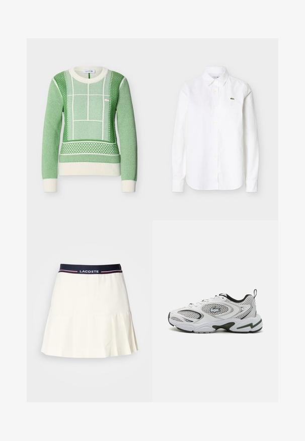 Suéter de punto de manga larga en verde y blanco con patrones geométricos texturizados y puños y dobladillo acanalados, logo de Lacoste en el pecho.; Camisa blanca de manga larga con botones y cuello, con un pequeño logo de cocodrilo verde en el pecho izquierdo.; Falda blanca plisada con una cinturilla azul marino que presenta un logo de Lacoste y acentos rojos. Fabricada con un material suave y liso.; Zapatillas deportivas blancas con paneles de malla, acentos en negro y una suela texturizada. Presentan un diseño elegante y un logotipo prominente en el lateral.