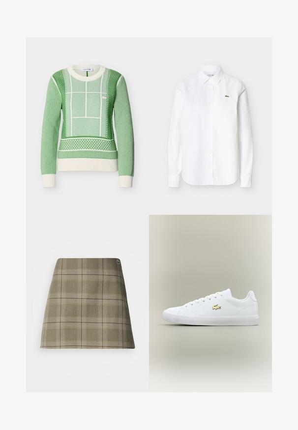 Pull vert et blanc à manches longues en tricot avec motifs géométriques texturés, poignets et ourlet côtelés, logo Lacoste sur la poitrine.; Chemise blanche à manches longues avec col et boutons, ornée d'un petit logo crocodile vert sur la poitrine gauche.; Jupe mini à carreaux en vert olive et beige, avec un design droit, une texture subtile et un petit logo près de la taille.; Baskets blanches en cuir lisse avec un embout arrondi, des lacets plats et un petit logo doré. Présente une semelle en caoutchouc texturée et un design sobre.
