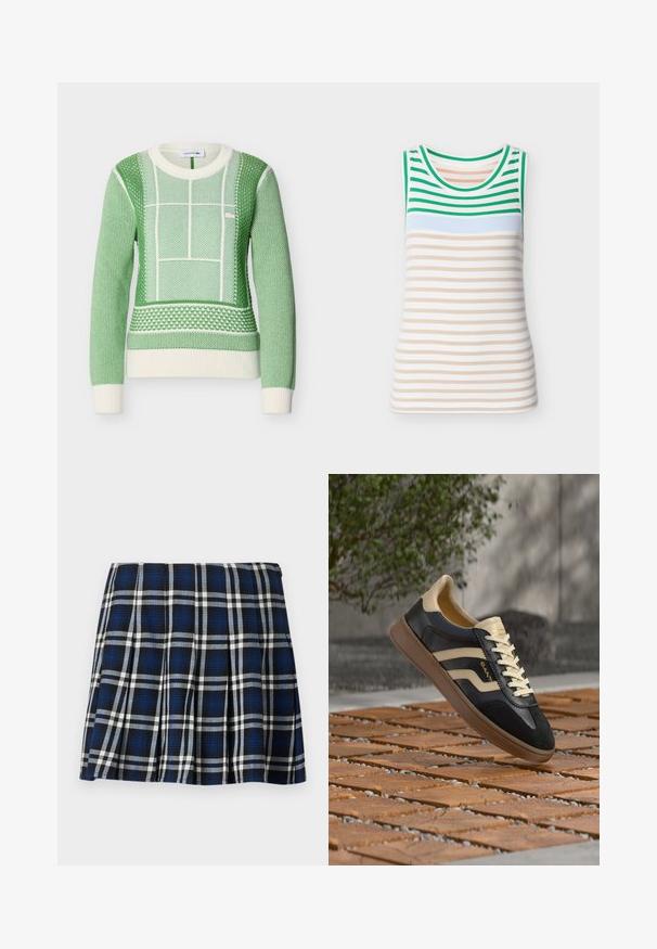 Pull vert et blanc à manches longues en tricot avec motifs géométriques texturés, poignets et ourlet côtelés, logo Lacoste sur la poitrine.; Haut sans manches en maille avec des rayures vertes et blanches en haut, une bande bleu clair, et des rayures horizontales beige et blanches sur le corps.; Jupe mini à carreaux avec des couleurs marine, noire et blanche. Dotée de plis et d'une texture lisse. Fermeture éclair sur le côté.; Baskets en cuir noir et beige avec lacets beiges et semelle en gomme, exposées sur un sol en carreaux de bois avec de la verdure et un mur en béton en arrière-plan.