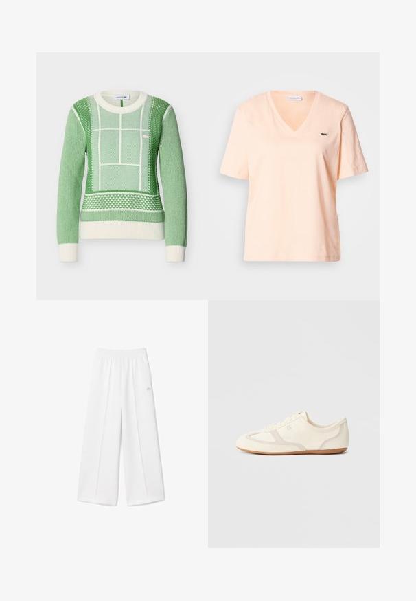 Grøn og hvid strikket trøje med lange ærmer, teksturerede geometriske mønstre samt ribkant ved ærmer og kant, Lacoste-logo på brystet.; Lyse ferskenfarvet v-hals t-shirt i bomuld med korte ærmer, med en lille grøn Lacoste-logo på venstre brystområde.; Hvide bukser med brede ben, elastisk taljebånd, blød stoftekstur, centralt plissering og et lille Lacoste-logo broderet på siden.; Sneakers i cremefarve med overdel i ruskind og stof, rundet tå og gummisål med beige detaljer. Snørelukning.