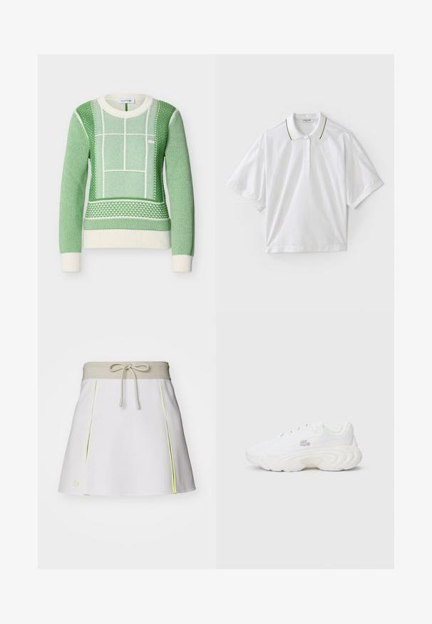 Pull vert et blanc à manches longues en tricot avec motifs géométriques texturés, poignets et ourlet côtelés, logo Lacoste sur la poitrine.; T-shirt polo blanc à manches courtes, avec une patte de boutonnage, des accents de col verts et jaunes, et des détails en mesh sur les côtés. Logo LACOSTE présent.; Jupe shorts blanche avec une ceinture élastique beige et un cordon de serrage. Présente des accents latéraux néon jaune et des plis. Logo Lacoste en bas à gauche.; Baskets blanches avec une tige texturée, un design de semelle prononcé, un système de laçage et un petit détail de logo. Construction lisse et légère.