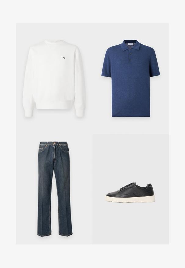 Hvid sweatshirt med rund halsudskæring, ribbede manchetter og en lille sort logo på brystet. Fremstillet af blødt stof med en glat tekstur.; Herre blå kortærmet polo skjorte med krave og tre sorte knapper på frontknapstolpen, ensfarvet strikket stof, vist på hvid baggrund.; Mørkeblå lige ben denim jeans med frontknap, lynlås, dobbelte forlommer og synlige lodrette folder ned langs benene.; Sort lædersneaker med struktureret overflade, rund tå og flad hvid gummisål. Har sorte snørebånd og branding på hælen.