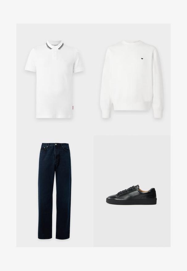 Sweatshirt blanc avec un col rond, des poignets côtelés et un petit logo noir sur la poitrine. Confectionné en tissu doux, avec une texture lisse.; Polo blanc à manches courtes avec patte à deux boutons et double rayures noires sur le col, présenté sur un fond gris clair.; Jean en denim bleu foncé à coupe droite avec poches avant, passants de ceinture et fermeture par bouton métallique sur un fond clair uni.; Baskets en cuir noir avec une texture lisse, bout rond et fermeture à lacets. Comprend une semelle en caoutchouc épaisse et un minimum de détails de marque.
