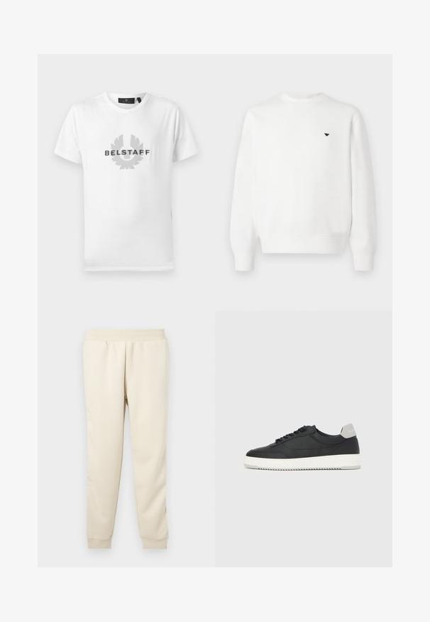 Sweatshirt blanc avec un col rond, des poignets côtelés et un petit logo noir sur la poitrine. Confectionné en tissu doux, avec une texture lisse.; T-shirt blanc à manches courtes avec col rond, arborant un logo Belstaff gris et un emblème centrés sur la poitrine.; Pantalons de survêtement beige clair fabriqués en tissu doux avec un design fuselé, une ceinture élastique et des poignets aux chevilles. Pas de motifs ou d'accents visibles.; Baskets basses noires avec semelle blanche et languette grise au talon, vue de profil sur un fond blanc uni.