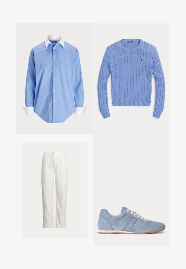 Lyseblå cable knit crewneck sweater med lange ærmer og Polo Ralph Lauren-logo broderet på brystet.; Lys blå skjorte med lange ærmer og en hvid kontrastkrave. Har en glat overflade og fem knapper foran.; Hvide bukser med lige ben, store foran-lommer, bæltestropper og lukning med knap i taljen.; Lyseblå ruskindssneaker med hvide snørebånd og gummisål vist fra siden på en hvid baggrund.