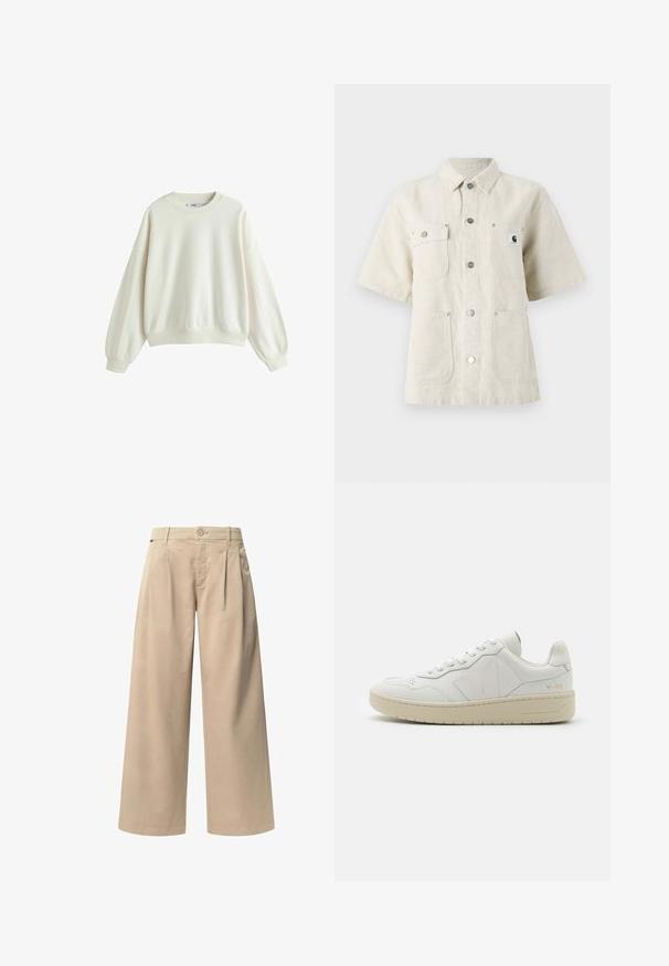 Sweat-shirt blanc uni à manches longues et col rond, avec poignets et ourlet côtelés, présenté sur fond blanc.; Chemise à manches courtes en tissu beige clair, avec un col pointu, des boutons sur le devant, deux poches sur la poitrine et un petit patch logo sur la gauche.; Pantalons larges beiges avec deux plis sur le devant, une fermeture à bouton et une texture lisse. Conçus pour le confort et une coupe ample.; Baskets en cuir blanc avec une boîte à orteils perforée, semelle en caoutchouc beige contrastante et accents de logo sur le côté et le talon. Design minimaliste.