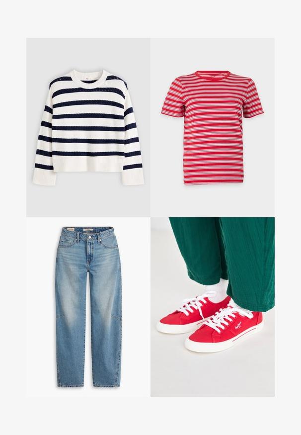 Pull blanc en maille à manches longues avec larges rayures horizontales bleu marine et poignets et ourlet côtelés, posé à plat sur un fond gris.; T-shirt à manches courtes et col rond avec des rayures horizontales rouges, blanches et roses, présenté sur un fond blanc en style flat-lay.; Jean en denim bleu clair avec une coupe ample, un design à jambes droites, une braguette boutonnée et un style à cinq poches, présentant un léger délavage et des détails de couture subtils.; Baskets en toile rouges avec des lacets blancs, dotées d'une semelle en caoutchouc blanche et d'accents rayés sur le côté. Portées avec un pantalon vert texturé et des chaussettes blanches.