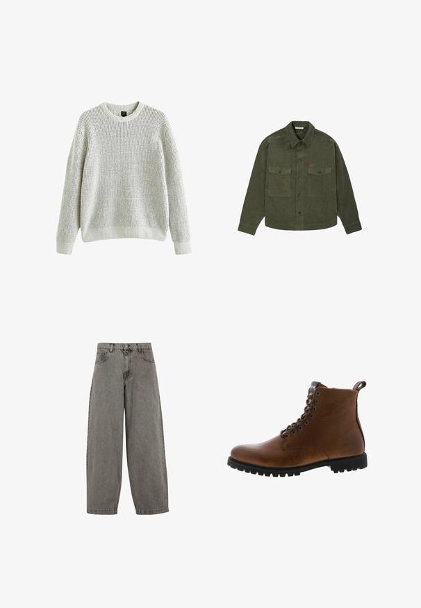 Grijze gebreide sweater met een geribbelde ronde hals, lange mouwen en een losse pasvorm. Gelaagd patroon, zacht materiaal en geribbelde manchetten en zoom.; Olijfgroen corduroy overhemd met knopen, lange mouwen, twee voorzakken met klep en een klein rood geborduurd logo op de linkerkant van de borstzak.; Grijze denimbroek met een hoge taille, wijd gesneden pijpen, klassiek vijf-pocket ontwerp en een knoopsluiting aan de voorkant. Licht gestructureerde afwerking.; Bruine leren enkelbotten met een gestructureerde afwerking, metalen oogjes en een zwarte rubberen profielzool. Voorzien van een trekband aan de achterkant voor gemakkelijke instap.