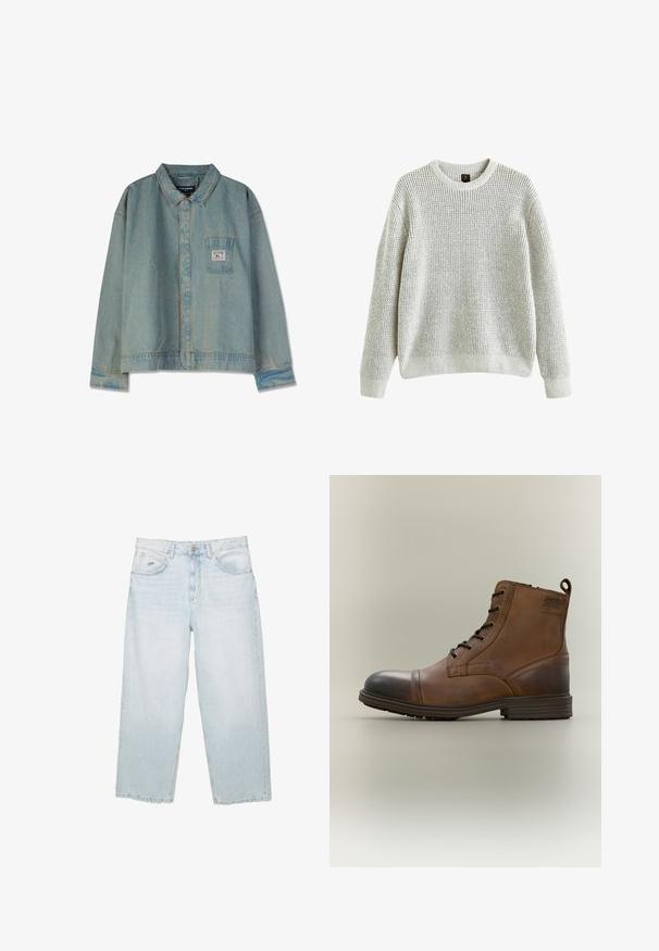 Grå strikket trøje med en ribbet rund hals, lange ærmer og løs pasform. Tekstureret mønster, blødt stof samt ribbede manchetter og kant.; Lys blå denimjakke med spidse krave, lange ærmer, brystlomme og synlige sømme; afslappet pasform og slidt tekstur.; Lysblå højtaljede straight-leg jeans med frontknap, lommer og lille mærket metalmærke på den højre forlommer.; Brun læderstøvle med snørebånd, sort tåhætte, rund sål og mærket detalje på siden mod ensfarvet baggrund.