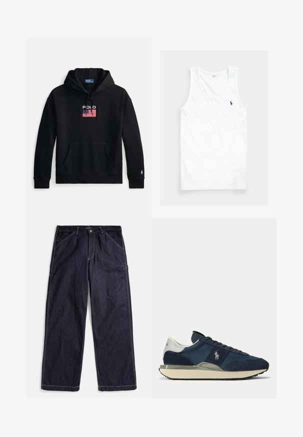 Sudadera negra con capucha, hecha de tela suave, con bolsillo frontal, capucha con cordón y logo bordado "Polo" con diseño de bandera estadounidense.; Camiseta blanca sin mangas con cuello redondo y pequeño logo de caballo de Polo Ralph Lauren en azul marino en el pecho izquierdo.; Vaqueros azul oscuro de pierna recta con costuras en contraste, trabillas para cinturón y bolsillos delanteros, extendidos sobre un fondo blanco.; Zapatilla azul marino y blanca con paneles de ante y tela, logotipo blanco en el lateral, lengüeta blanca en el talón y suela beige con tacos negros.