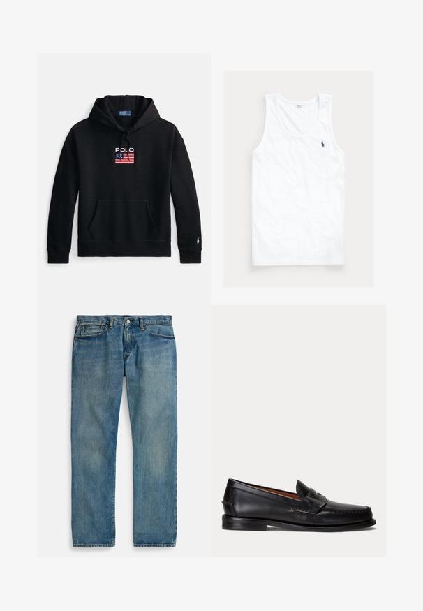Sweat à capuche noir en tissu doux, avec une poche frontale, une capuche à cordon de serrage et un logo brodé "Polo" avec un drapeau américain.; Débardeur blanc sans manches avec col rond et petit logo cheval Polo Ralph Lauren bleu marine sur le côté gauche de la poitrine.; Jean en denim bleu clair avec une coupe droite, comprenant cinq poches, une fermeture à bouton, et un délavage subtil pour la texture.; Mocassin en cuir noir avec un petit talon et une bride penny, vu de côté sur un fond gris clair.