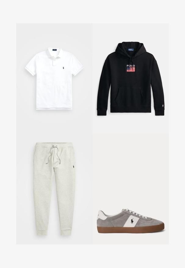 Schwarzer Hoodie aus weichem Stoff, mit Fronttasche, verstellbarer Kapuze mit Kordelzug und gesticktem "Polo"-Logo mit amerikanischer Flagge.; Weißes Poloshirt mit kurzen Ärmeln, Kragen und zwei Knöpfen, mit kleinem dunkelblau besticktem Logo auf der linken Brust.; Graue Jogginghose mit Kordelzugbund, elastischen Bündchen, Seitentaschen und kleinem Logo auf dem oberen linken Bein. Weiche Stoffstruktur.; Low-Top grauer Wildleder-Sneaker mit weißen Schnürsenkeln, weißer Ferse und Seitenpanel mit schwarzem Polo-Spieler-Logo und brauner Gummisohle.