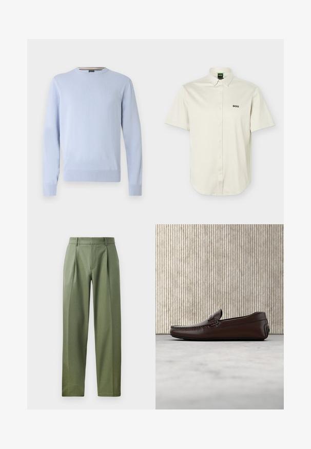 Suéter azul claro, cuello redondo, mangas largas, puños y dobladillo acanalados, con un pequeño logo en el pecho, hecho de tejido de punto suave.; Camisa blanca de manga corta con botones, cuello abotonado, logo negro "BOSS" en el pecho y etiqueta interior del cuello verde.; Pantalones a medida en tejido verde olivo con una textura suave, que cuentan con dos pliegues frontales, trabillas para el cinturón y un diseño de pierna recta.; Mocasines de cuero marrón con un acabado suave, costura al estilo mocasín, puntera elevada y una suela de goma baja y flexible.