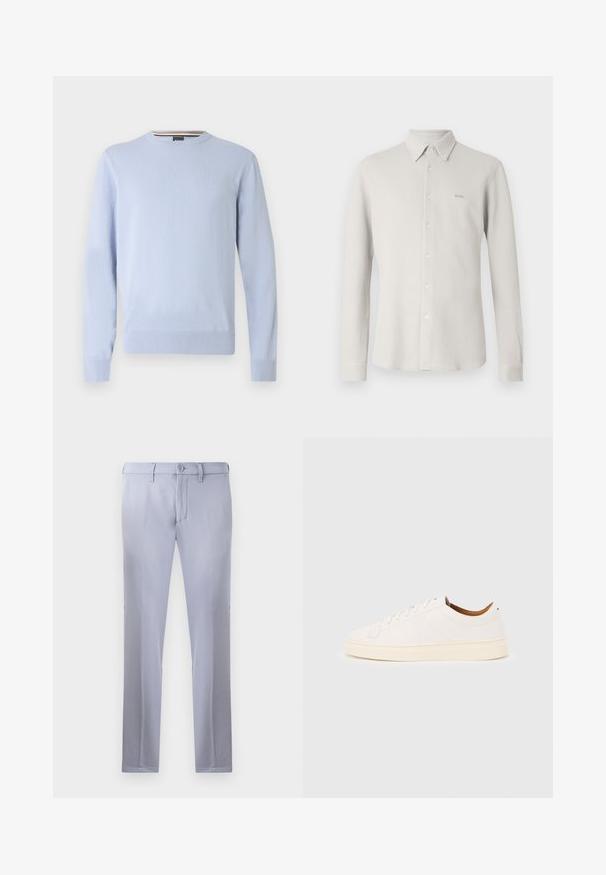 Lyseblå sweater med rund halsudskæring, lange ærmer, ribstrikkede manchetter og kant, med et lille logo på brystet, lavet af blødt strikstof.; Lysegrå skjorte med knapper foran, tekstureret stof, krave og lange ærmer; har et diskret "BOSS"-logo på brystet.; Lysegrå skræddersyede bukser lavet af glat stof, med knaplukning, bæltestropper og lige ben. Ingen synlige lommer.; Hvid lavtop-sneakers med snørelukning, minimale syningsdetaljer og en cremefarvet sål på en lysegrå baggrund.