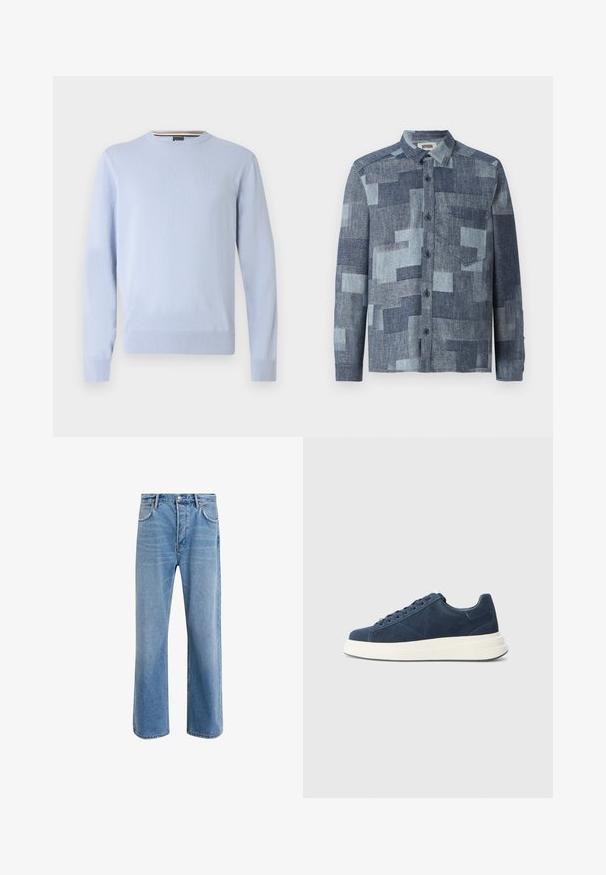 Pull bleu clair, col rond, manches longues, poignets et ourlet côtelés, avec un petit logo sur la poitrine, en tissu tricoté doux.; DRYKORN DIEGGO - Chemise - blue; Jeans en denim bleu clair avec une coupe droite, cinq poches, fermeture à bouton, peu d'usure et des détails de couture contrastés.; Baskets en daim bleu marine avec une semelle en caoutchouc blanche, comportant six œillets, une doublure texturée et un design minimaliste avec de subtils détails de couture.