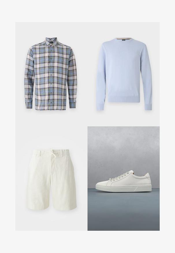 Suéter azul claro, cuello redondo, mangas largas, puños y dobladillo acanalados, con un pequeño logo en el pecho, hecho de tejido de punto suave.; Camisa a cuadros en tonos blanco, azul, verde y morado. Cuenta con un cuello abotonado, mangas largas y botones en la parte delantera. Tela ligera.; Pantalones cortos de color beige claro hechos de una tela suave y texturizada. Cuentan con una cinturilla elástica con cordón y un solo bolsillo frontal.; Zapatilla blanca de cuero con punta redondeada, diseño minimalista, cordones grises y suela de goma texturizada gris. Detalles de costura sutiles visibles.