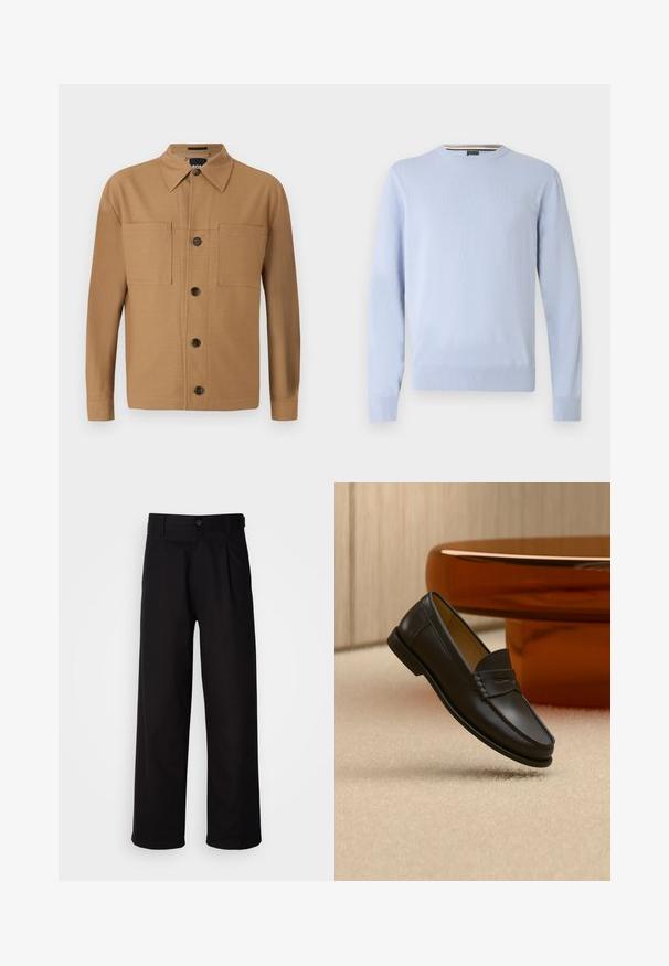 Lichtblauwe trui, ronde hals, lange mouwen, geribbelde manchetten en zoom, met een klein logo op de borst, gemaakt van zachte gebreide stof.; BOSS CRAIG - Overhemd - medium beige; Zwarte broeken van gladde stof, met een rechtlopende pijpontwerp, frontplooien en een enkele knoopsluiting bij de taille.; Zwarte leren loaferschoen zwevend boven een beige tapijt met amberkleurige moderne meubels op de achtergrond.