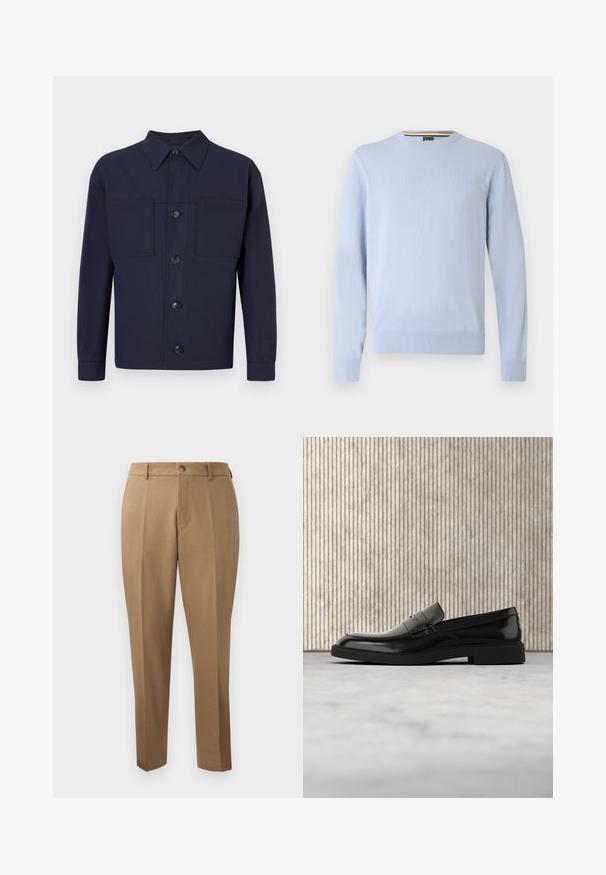 Lichtblauwe trui, ronde hals, lange mouwen, geribbelde manchetten en zoom, met een klein logo op de borst, gemaakt van zachte gebreide stof.; Marineblauwe button-up jas van stof met een gladde textuur. Beschikt over twee borstzakken en een puntige kraag, met vier knopen aan de voorkant.; Bruine maatwerkbroek met een rechte pasvorm, enkele plooien, riemlussen en een sluiting met een knoop aan de voorkant. Gladde stof met een matte textuur.; Zwarte gepolijste leren loafer die boven een beige tapijt zweeft met oranje doorschijnend meubilair op de achtergrond.