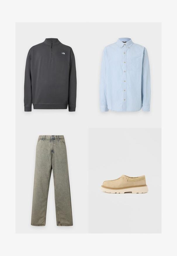 Mørkegrå langærmet pullover med kvart lynlås krave og lille hvidt The North Face logo på venstre bryst.; Lyseblå langærmet skjorte med knapper, hvide, blå og beige lodrette striber, knappet krave, brystlomme og beige knapper.; Blå denim bukser med vid ben i en falmet grå farve, med knaplukning og traditionelt fem-lomme design med synlige syninger.; Beige ruskind slip-on sko med tyk hvid sål og UGG-logo på siden af fanen, vist på en ensfarvet lys grå baggrund.