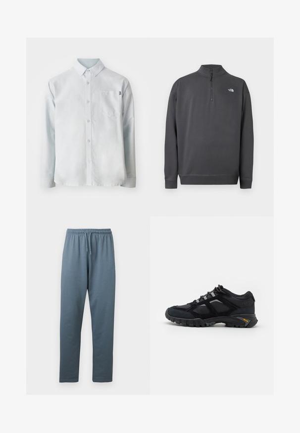Tmavosivý pulóver s dlhými rukávmi, štvrtinovým zipsom na golieri a malým bielym logom The North Face na ľavej strane hrude.; New Balance OXFORD - Košeľa - blue; Modréšedo elastické tepláky s nastaviteľným sťahovacím pásikom a priamymi nohavicami, zobrazené na bielom pozadí.; Čierna vonkajšia topánka vyrobená z semišu a sieťoviny s robustnou podrážkou. Má šedé akcenty a značku Vibram na boku. Zaviazovanie.