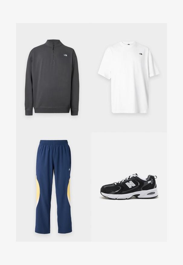 Jersey de manga larga gris oscuro con cuello de cremallera cuarto y pequeño logo blanco de The North Face en el pecho izquierdo.; Camiseta blanca de algodón con mangas cortas, diseño de cuello en V, con un pequeño logo negro en la parte superior izquierda. Textura suave, ajuste relajado.; Pantalones deportivos azul marino con una cinturilla elástica. Presentan acentos curvados en amarillo y blanco a los lados. Tejido suave y liso.; Zapatillas deportivas en negro y gris con parte superior de malla y ante, que cuentan con una entresuela blanca, cordones y un llamativo logo "N" en el lateral.