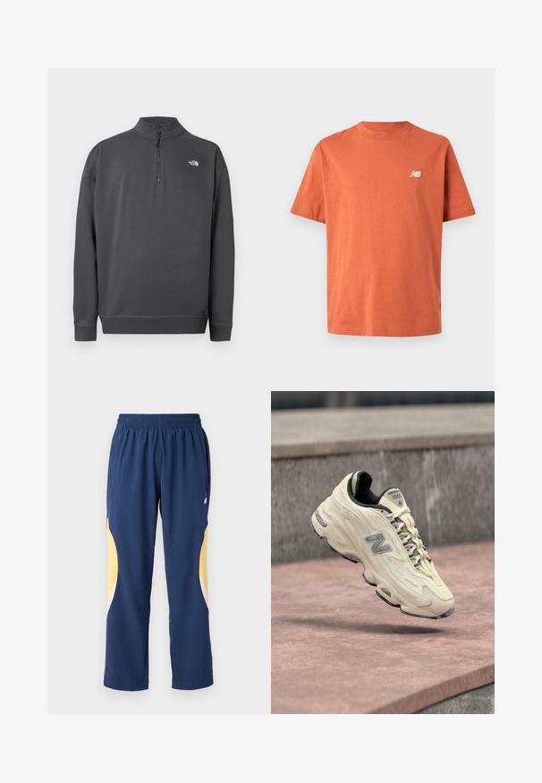 Tummanharmaa pitkähihaisen poolopaita, jossa neljänneksen vetoketjukaulus ja pieni valkoinen The North Face -logo vasemmassa rinnassa.; Oranssi puuvillainen t-paita, jossa pyöreä kaulus, lyhyet hihat ja pieni valkoinen logo vasemmassa rinnassa. Sileä, kevyt materiaali.; Navy blue urheilu housut, joissa on elastinen vyötärö. Sivuille on ommeltu keltaisia ja valkoisia kaarevia yksityiskohtia. Pehmeä, sileä kangas.; Kermanvärinen New Balance 1000 -lenkkari valkoisilla nauhoilla, harmaalla logolla ja mustalla sisäosalla, ilmassa kiven yläpuolella.
