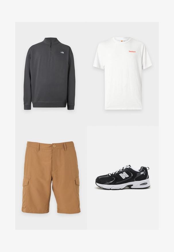 Pull gris foncé à manches longues avec col à glissière quart de zip et petit logo blanc The North Face sur le côté gauche de la poitrine.; T-shirt blanc à manches courtes avec col rond, petit logo Timberland orange sur la poitrine gauche, présenté sur un fond clair uni.; Short cargo beige pour homme avec fermeture à boutons, passants de ceinture et deux poches latérales à rabat, présenté sur fond blanc.; Baskets de sport noires et grises avec un tige en mesh et en suède, présentant une semelle intermédiaire blanche, des lacets et un logo "N" audacieux sur le côté.