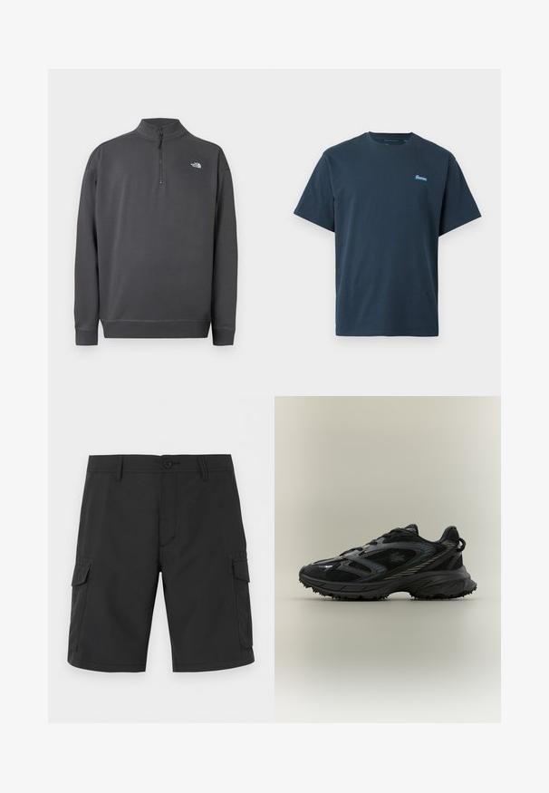 Pull gris foncé à manches longues avec col à glissière quart de zip et petit logo blanc The North Face sur le côté gauche de la poitrine.; T-shirt bleu marine à manches courtes avec col rond et petit patch logo rectangulaire sur le côté gauche de la poitrine.; Short cargo noir longueur genou avec passants de ceinture, fermeture à boutons, poches avant et poches à rabat des deux côtés.; Chaussure de sport noire avec des panneaux en mesh, une semelle texturée, des lacets et une silhouette courbée avec des accents argentés sur les côtés.