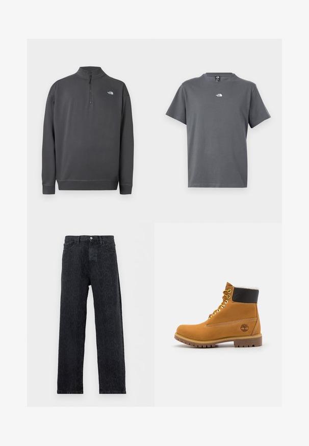 Dunkelgrauer Langarm-Pullover mit Viertel-Reißverschluss am Kragen und kleinem weißen The North Face Logo auf der linken Brust.; Graues T-Shirt mit kurzen Ärmeln und Rundhalsausschnitt, mit kleinem weißen The North Face-Logo mittig auf der Brust.; Schwarze Jeans mit geradem Bein und dezentem dunklem Tierdruckmuster, Knopf- und Reißverschluss sowie Fronttaschen, auf weißem Hintergrund dargestellt.; Braune Leder-Ankle-Boots mit Metallösen, weißem Kunstfellfutter, schwarzem gepolstertem Kragen, robustem Sohlenprofil und geprägtem Logo an der Seite.