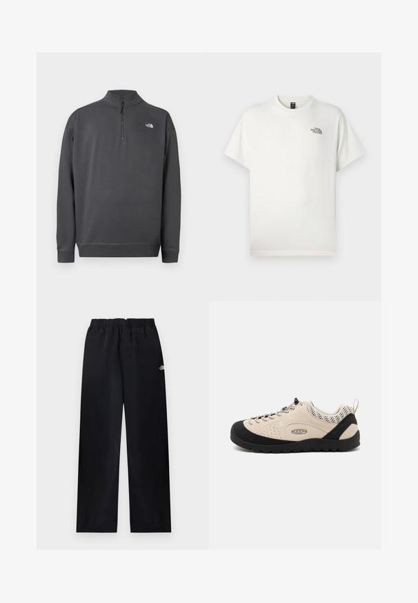 Mørkegrå langærmet pullover med kvart lynlås krave og lille hvidt The North Face logo på venstre bryst.; Hvid bomuld T-shirt med korte ærmer, rund hals og et lille, trykt logo på venstre bryst. Glat tekstur, afslappet pasform.; Sorte bukser med elastik i taljen og lige ben, med lille hvidt logo på øverste højre lår, vist fladt på lys baggrund.; Beige ruskindsko med sort gummitåhætte og sål, med snøredesign og åndbare mesh-detaljer på hælen.