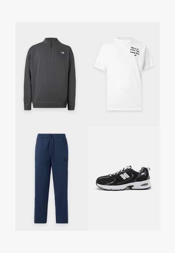 Dunkelgrauer Langarm-Pullover mit Viertel-Reißverschluss am Kragen und kleinem weißen The North Face Logo auf der linken Brust.; Weißes T-Shirt mit kurzen Ärmeln und schwarzem Text auf der linken Brustseite mit der Aufschrift "We're In It For The Long Run" und einem kleinen New Balance-Logo darunter.; Navyblaue Jogginghosen aus einem weichen Baumwollmix, mit einem elastischen Bund und Kordelzug sowie einem kleinen Markenpatch an der Hüfte.; Schwarze und graue Sportschuhe mit Obermaterial aus Mesh und Wildleder, ausgestattet mit einer weißen Zwischensohle, Schnürsenkeln und einem markanten "N"-Logo an der Seite.