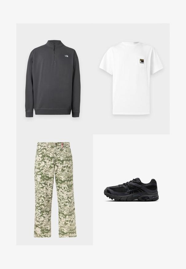 Pull gris foncé à manches longues avec col à glissière quart de zip et petit logo blanc The North Face sur le côté gauche de la poitrine.; T-shirt en coton blanc à manches courtes avec une poche poitrine ornée d'un logo de montagne en noir et or. Design simple et épuré.; Pantalons droits pour hommes avec motif camouflage pixellisé vert et beige, poches avant, présentés sur un fond clair.; Chaussure de course Nike noire et gris foncé avec tissu en mesh, empiècements en daim, semelle amortie et unités d'air visibles au talon et à l'avant-pied.