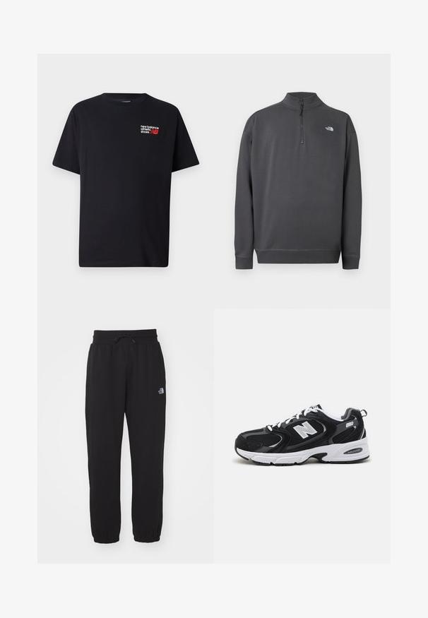 Dunkelgrauer Langarm-Pullover mit Viertel-Reißverschluss am Kragen und kleinem weißen The North Face Logo auf der linken Brust.; Schwarzes Baumwoll-T-Shirt mit Rundhalsausschnitt. Verfügt über ein kleines rotes und weißes "New Balance"-Logo und Text im oberen linken Brustbereich.; Schwarze Jogginghose aus weichem Stoff, mit einem elastischen Bund und Kordelzug, Bündchen an den Knöcheln und einem kleinen Logo am Oberschenkel.; Schwarze und graue Sportschuhe mit Obermaterial aus Mesh und Wildleder, ausgestattet mit einer weißen Zwischensohle, Schnürsenkeln und einem markanten "N"-Logo an der Seite.