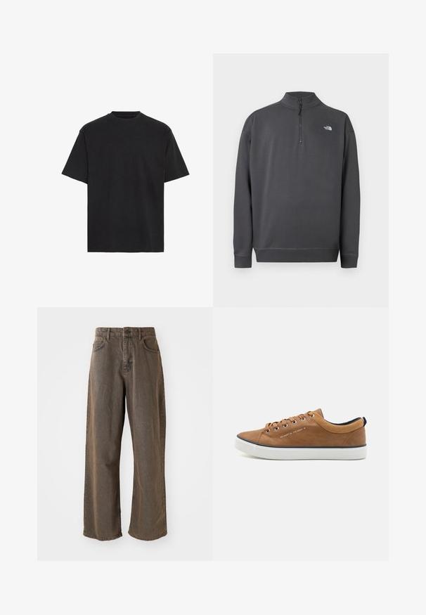 Tmavosivý pulóver s dlhými rukávmi, štvrtinovým zipsom na golieri a malým bielym logom The North Face na ľavej strane hrude.; Čierne bavlnené tričko, krátke rukávy, okrúhly výstrih, ľahké, voľný strih, hladká textúra, žiadne viditeľné vzory ani akcenty.; Dlhé hnedé denimové nohavice s širokými nohavicami, zapínaním na gombík, pútka na opasok a predné vrecká. Materiál má mierne vyblednutú textúru.; Hnedé kožené tenisky s guľatou špičkou, bielou podrážkou a námorníckymi akcentmi. Obsahujú kovové očká a textúrovaný golier.